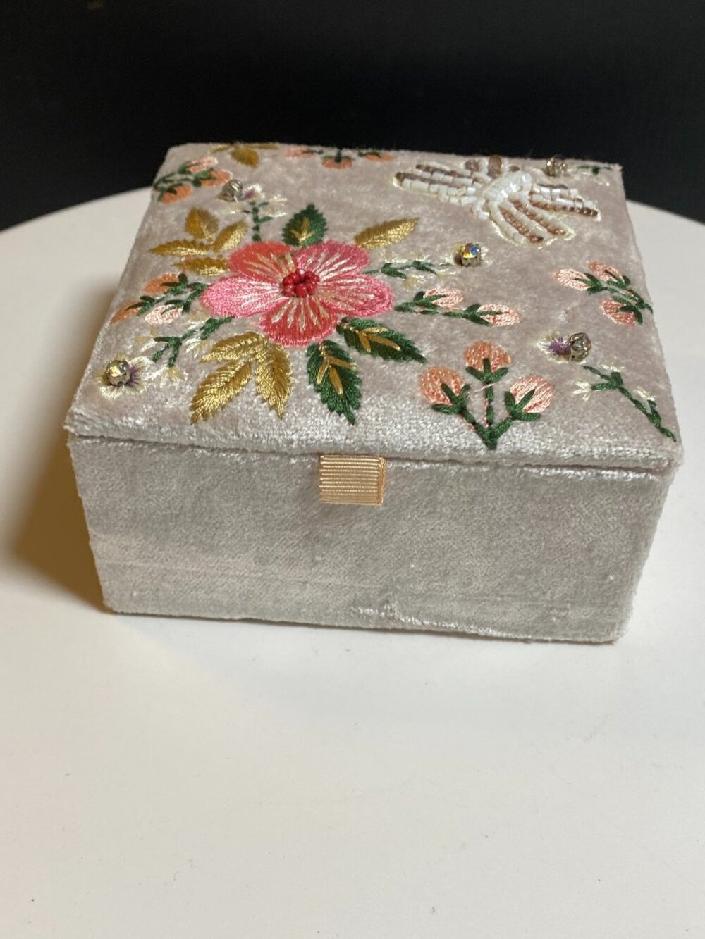 Vintage Style Embroidered Velvet Jewelry Box Floral Beaded Trinket Case